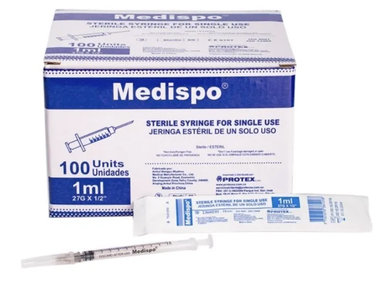 JERINGA 1ML AGUJA 27G X 1/2" CAJA X 100 GRIS PROTEX