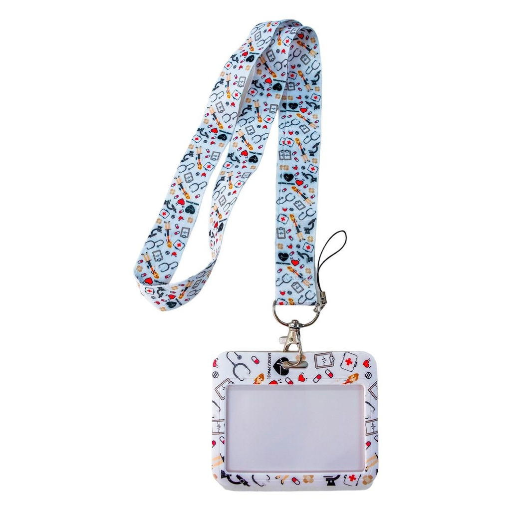 PORTA CARNET CON LANYARD DISEÑO DE FONENDOSCOPIOS FONDO BLANCO
